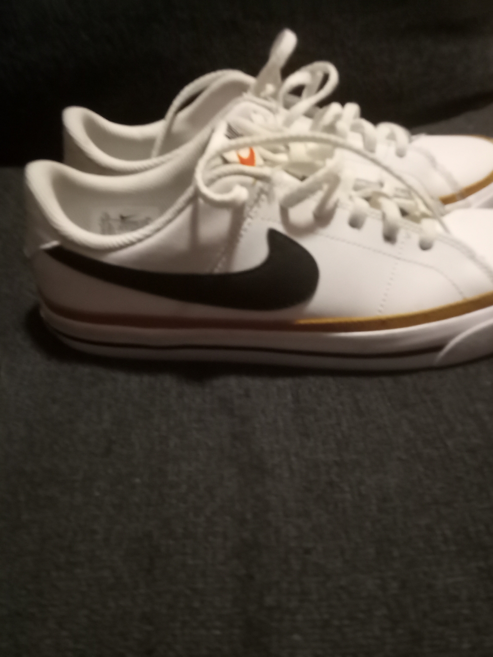 Nike White Sneakers with Black Swoosh and Gold Accent